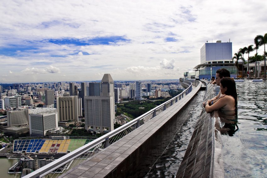 Самый высокий бассейн в мире, Сингапур, крыша небоскреба Marina Bay Sands Skypark