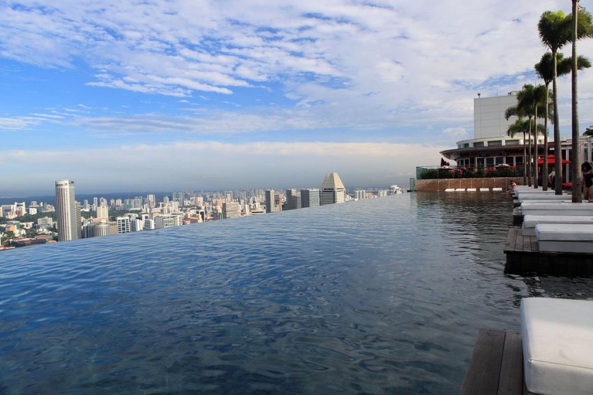 Самый высокий бассейн в мире, Сингапур, крыша небоскреба Marina Bay Sands Skypark