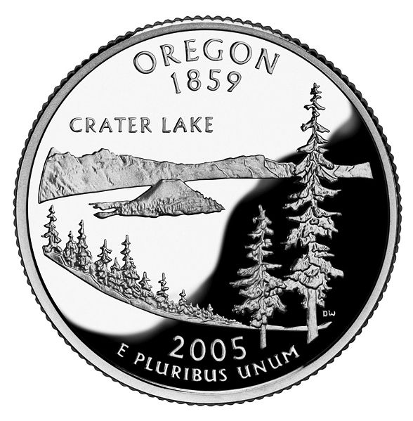 Реверс монеты в 25 центов с изображением озера "Крейтер" (Crater Lake)
